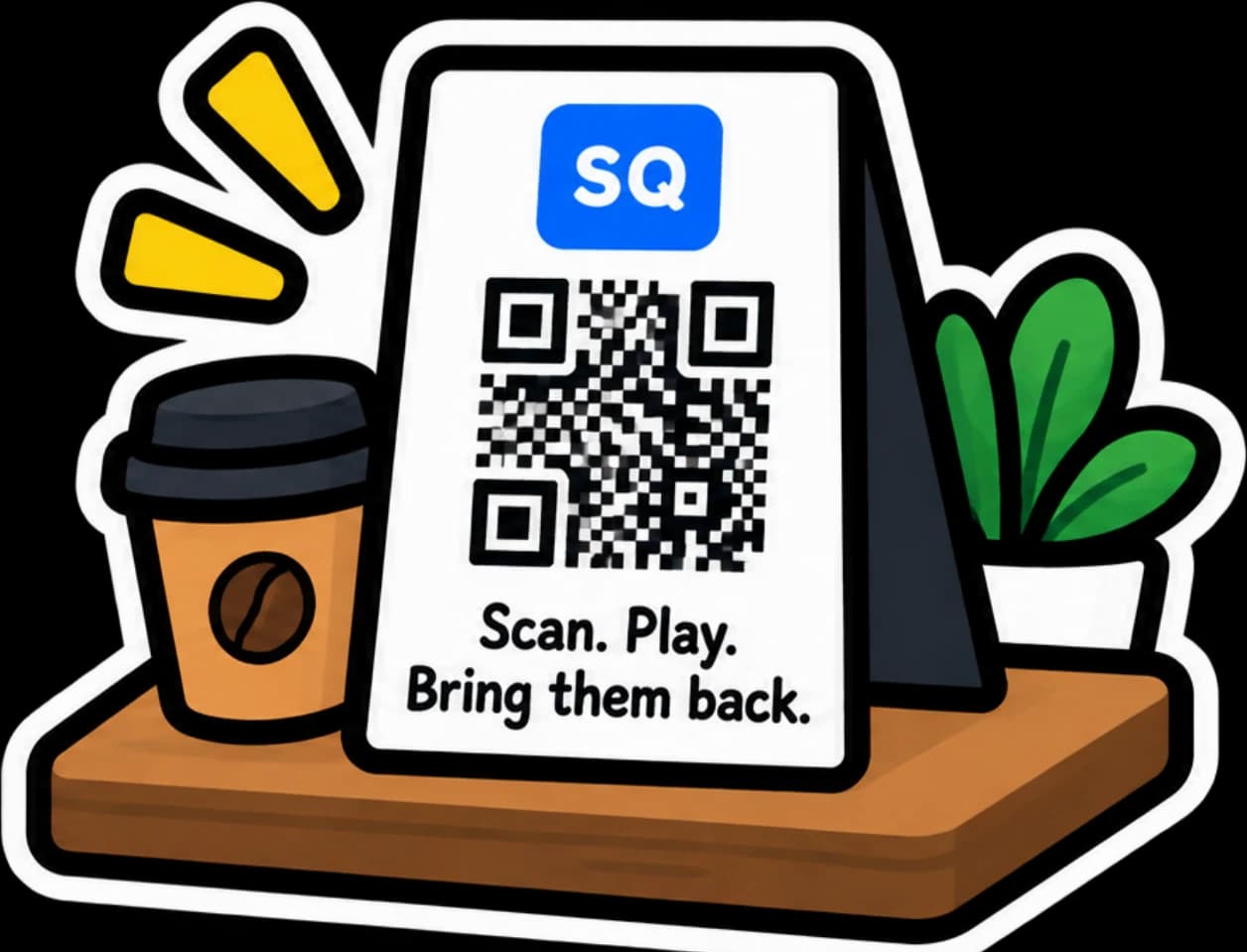 Sidequest permanent QR displayed at a small business counter