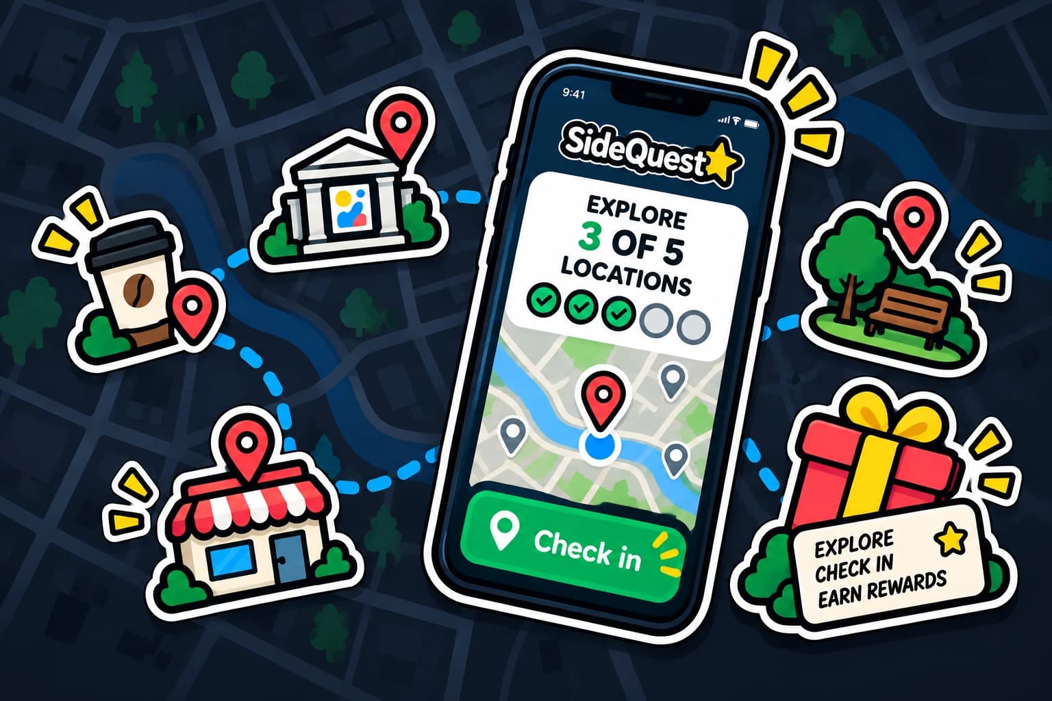 Map quest showing GPS stops, player progress, and a phone check-in