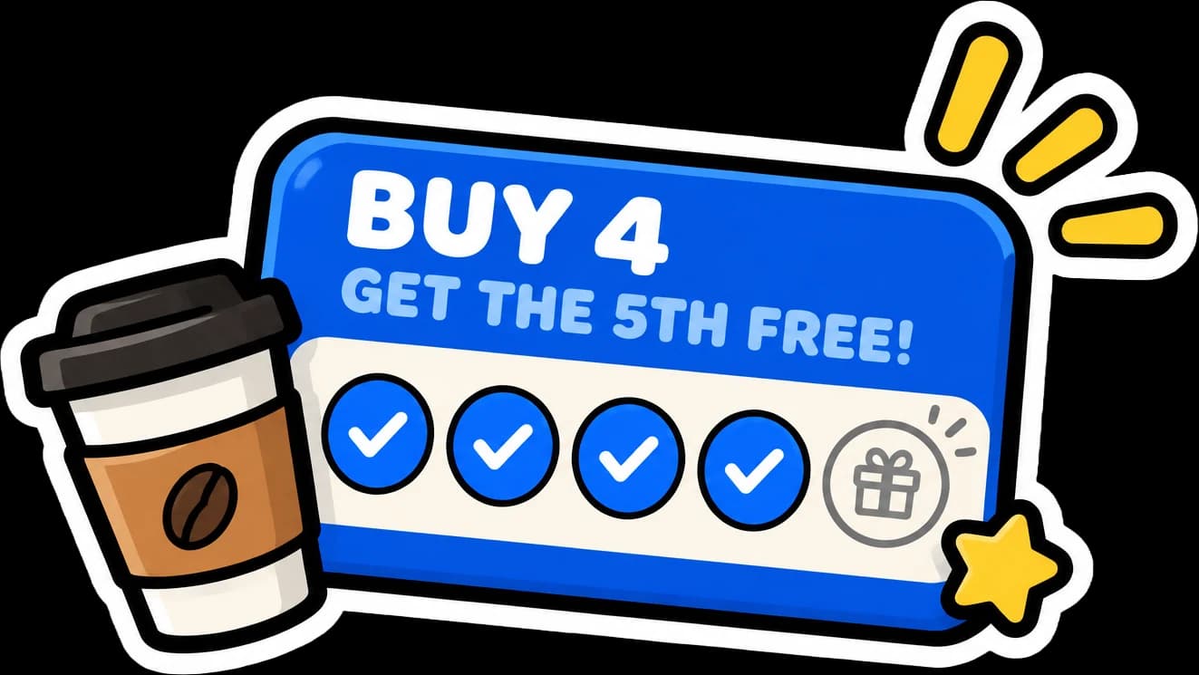 Punch card showing four purchases completed and the fifth reward ready