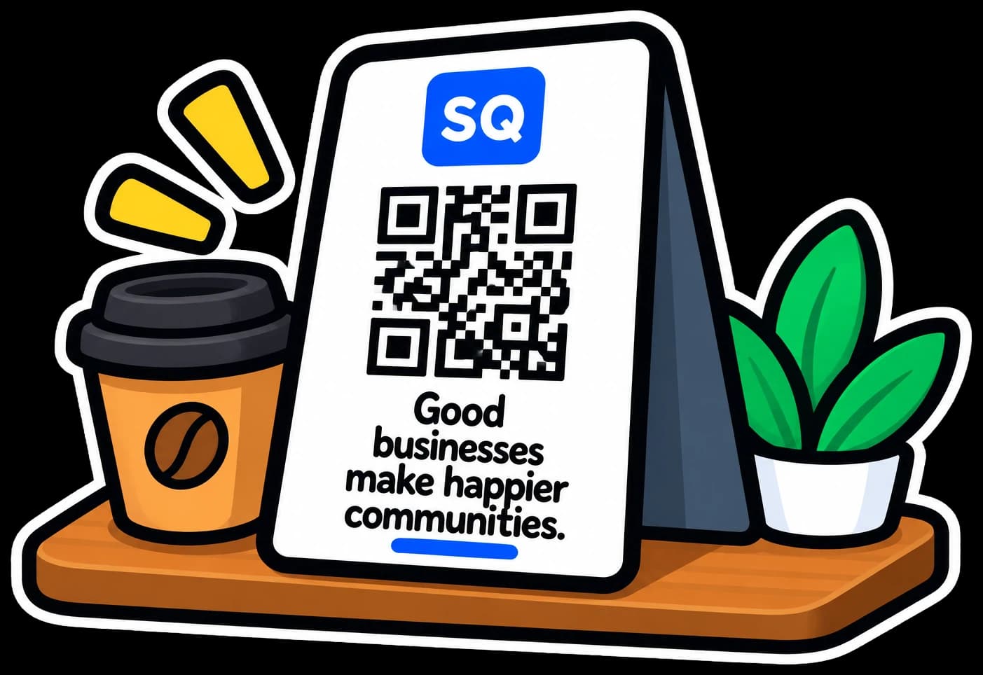 A Sidequest QR standee next to a coffee cup and plant at a point of sale
