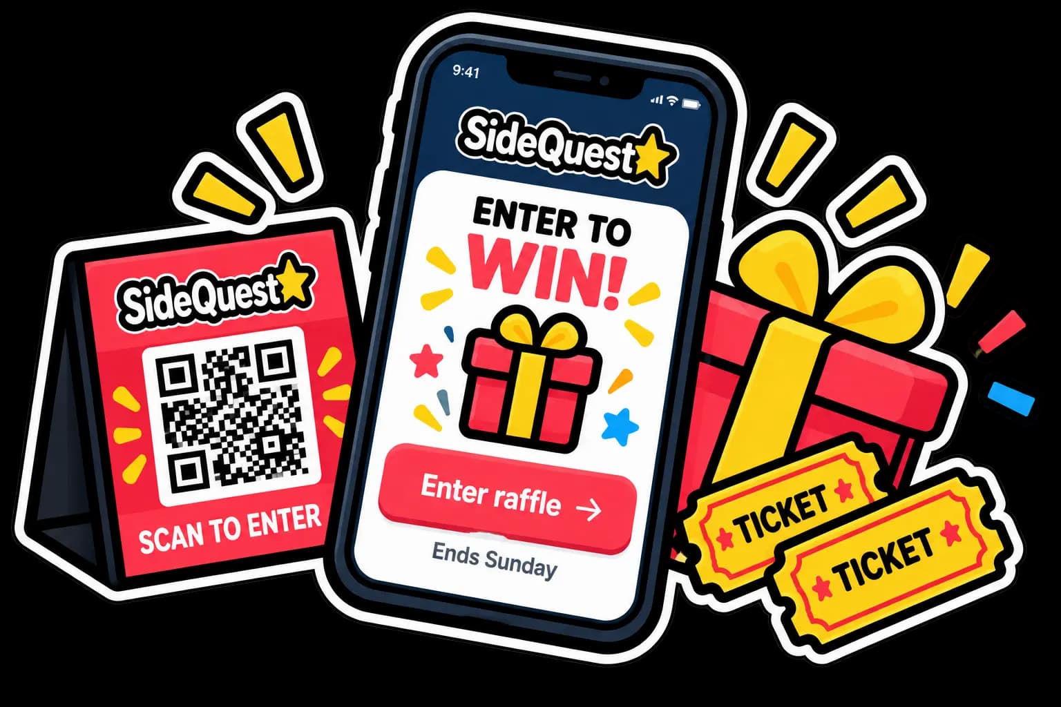 Sidequest raffle QR display, phone entry screen, prize, and raffle tickets