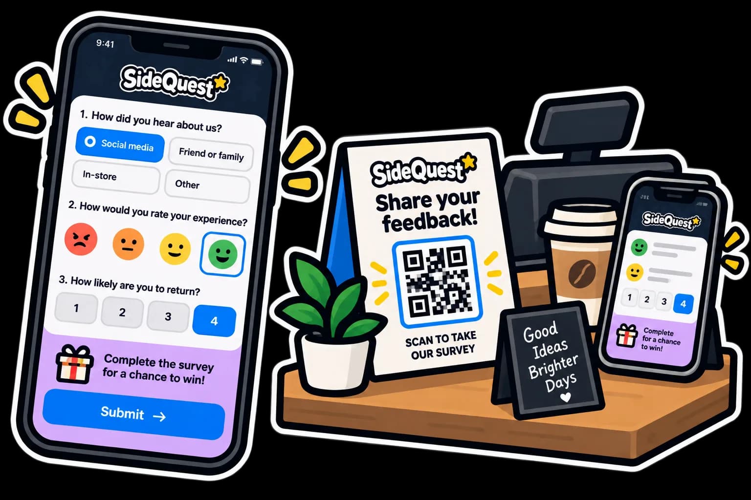 Customer survey on a phone beside a Sidequest QR display at a cafe counter